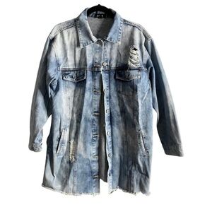 36 point 5 long line Denim distressed jacket. Women size M with raw hem.